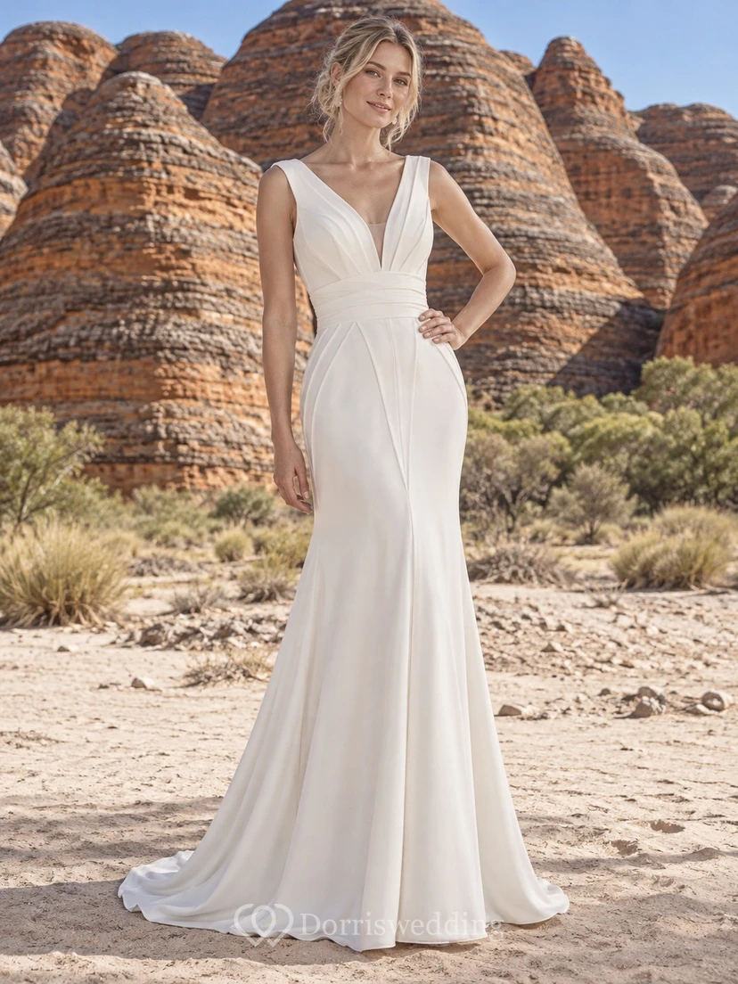 Simple V-Neck Sleeveless Mermaid Sweep Train Natural Waist Wedding Dress