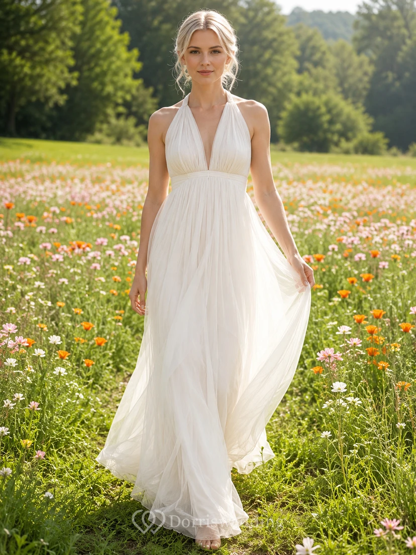 Neckholder-Kleid mit Empire-Taille, Tüll, Wildblumenmuster, perfektes Brautkleid für eine romantische Hochzeit im Wildblumenfeld