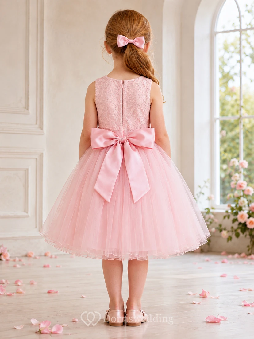 Flower Girl Dress Blushing Pink Lace Tulle A-Line Scoop Neck Tea Length Bow Back view 2