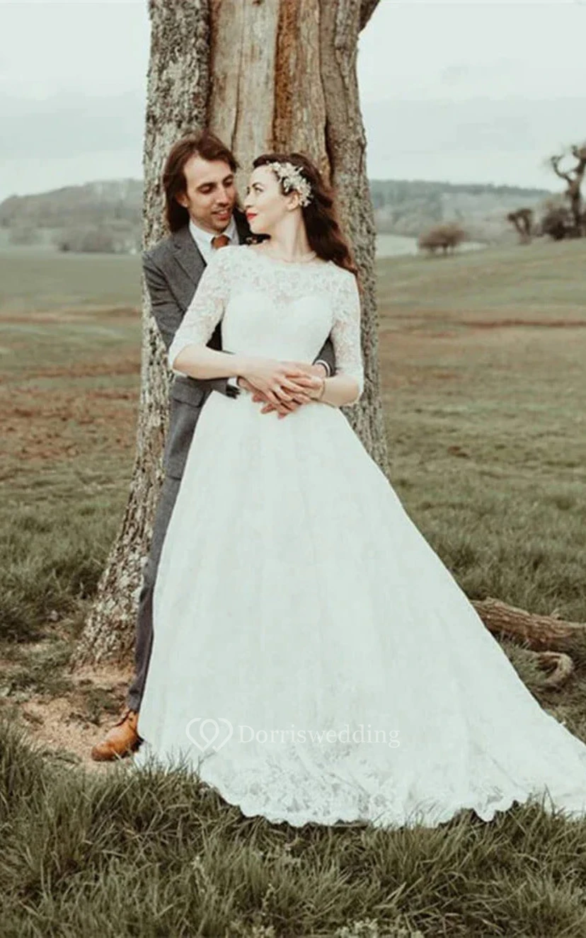 Vestido de novia modesto de corte A con escote redondo, mangas cortas y abertura en forma de ojo de cerradura.