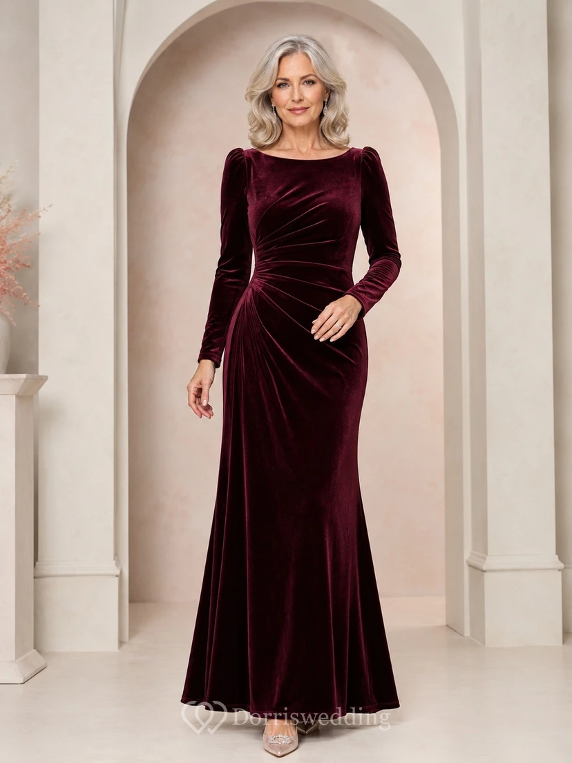 Burgundy Velvet Long Sleeve Jewel Neck Ruched Floor-Length Mermaid Mother Dress