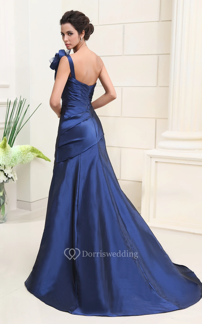 Vestido de tafetán de un solo hombro con drapeado lateral y flor view 7