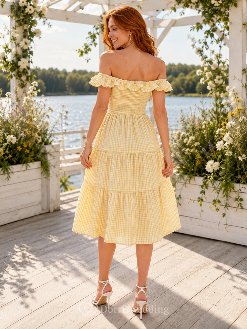 Summer Daffodil Gingham Guinguette A Line Tea Length Off Shoulder Tiered Dress view 2