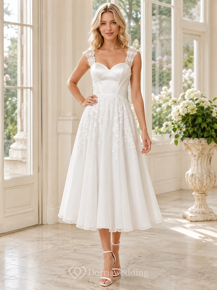 Weißes, romantisches Cocktailkleid aus Tüll und Spitze mit Herzausschnitt, A-Linie, Teelänge