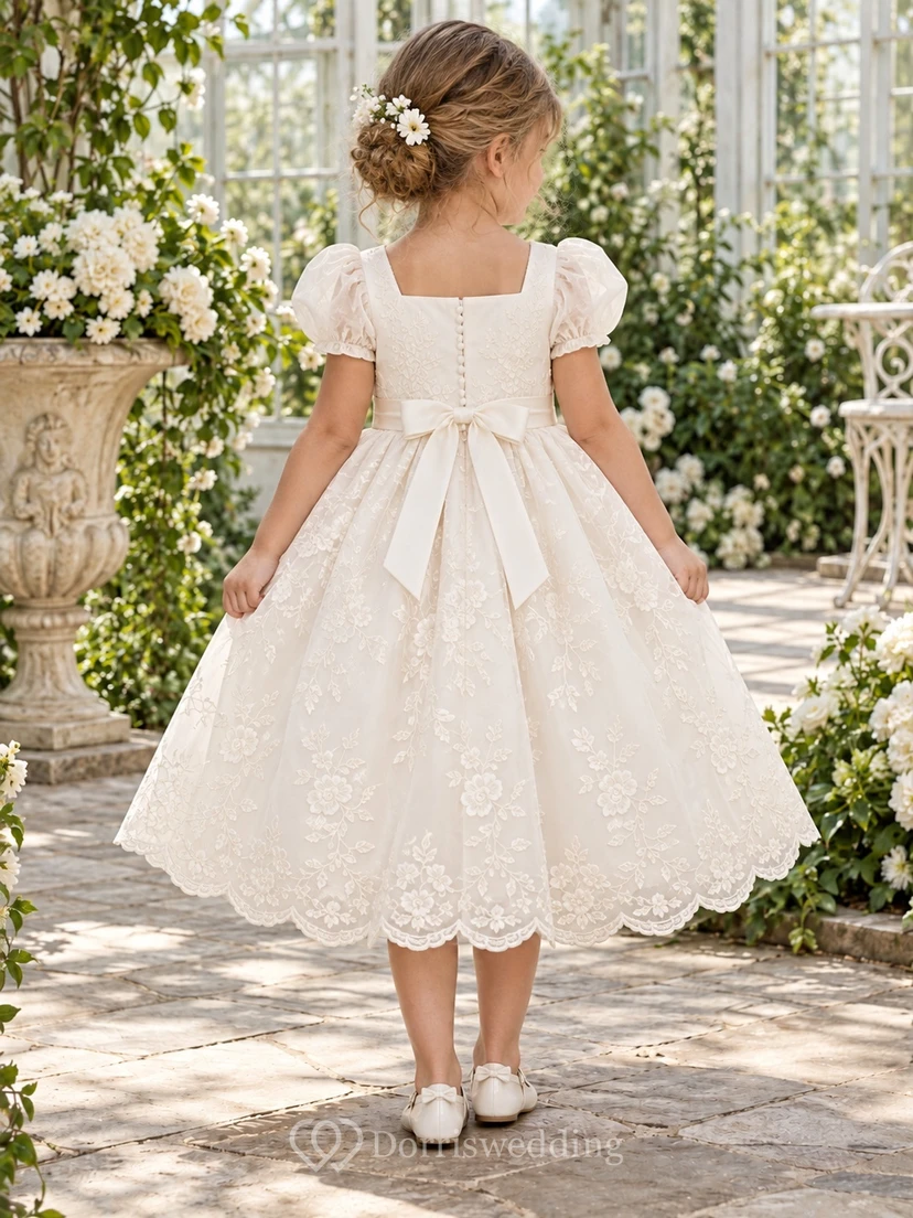 Teelanges, eckiges Ausschnitt-Kleid in Elfenbein mit floralem A-Linien-Muster, Spitze, Puffärmeln und Muschelsaum für Blumenmädchen view 2