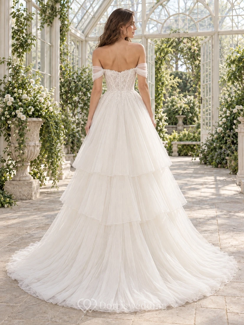 Romantic Airy Layers Off Shoulder Sweetheart Short Sleeve Tiered Lace A-Line Floor Length Wedding Dress view 2