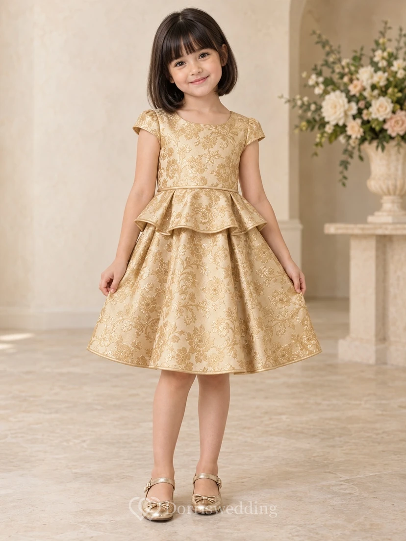 Vintage Gold Jewel Neck Cap Sleeve Peplum Flower Girl Dress