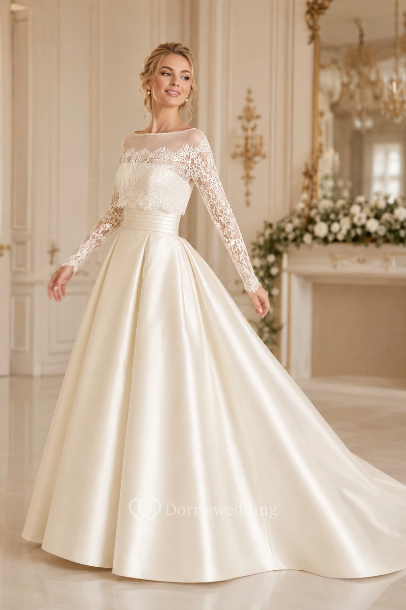 Robe de mariée élégante en satin, coupe trapèze, manches longues et fronces. view 3