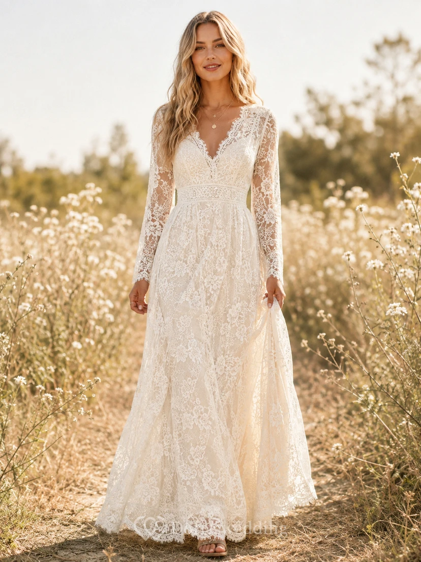 Robe de mariée bohème à col en V, manches longues, dentelle florale, coupe trapèze, ourlet festonné et dos nu plongeant en V