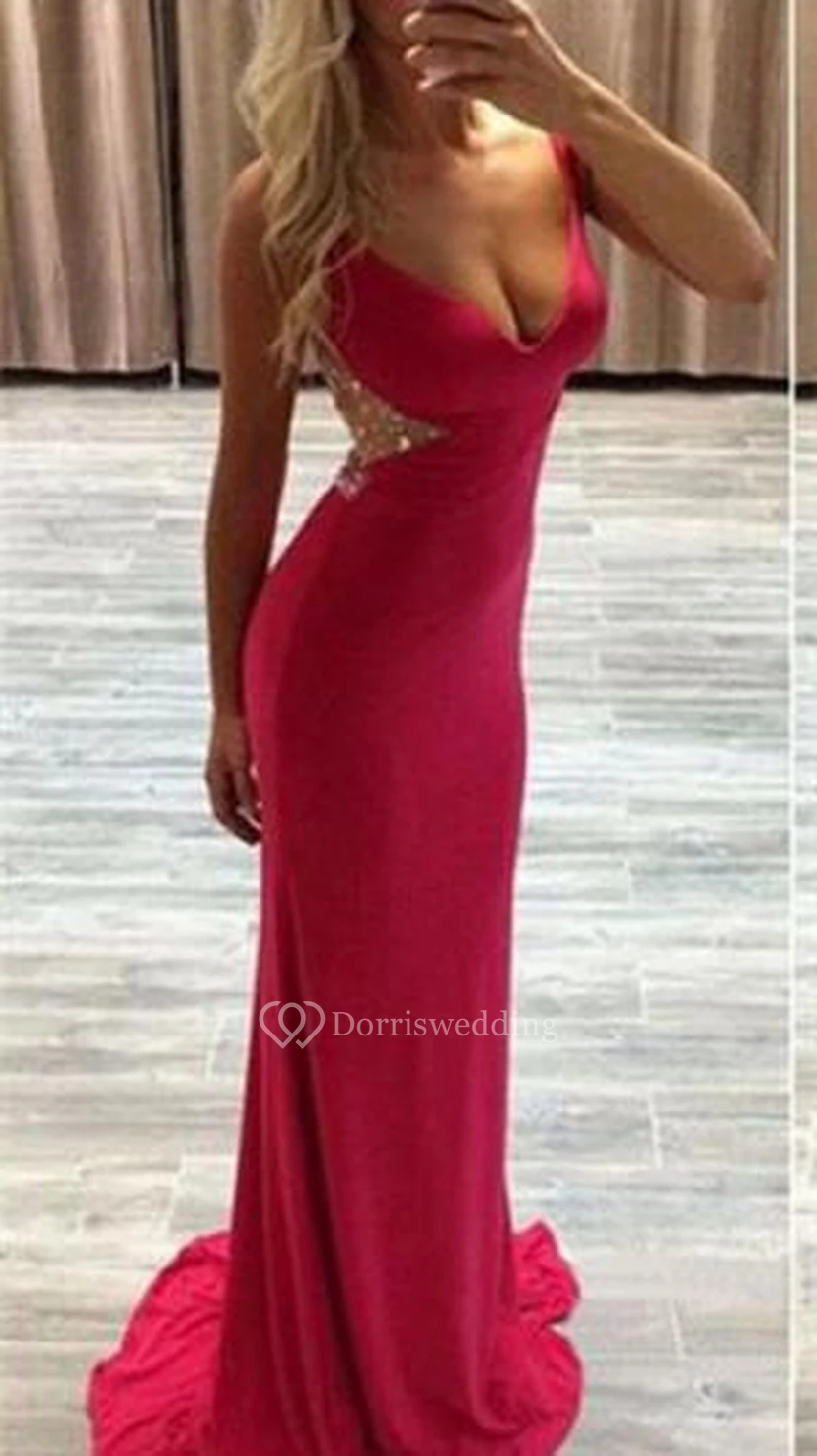 Modern Red Crystals Mermaid Prom Dress Sweep Train Zipper
