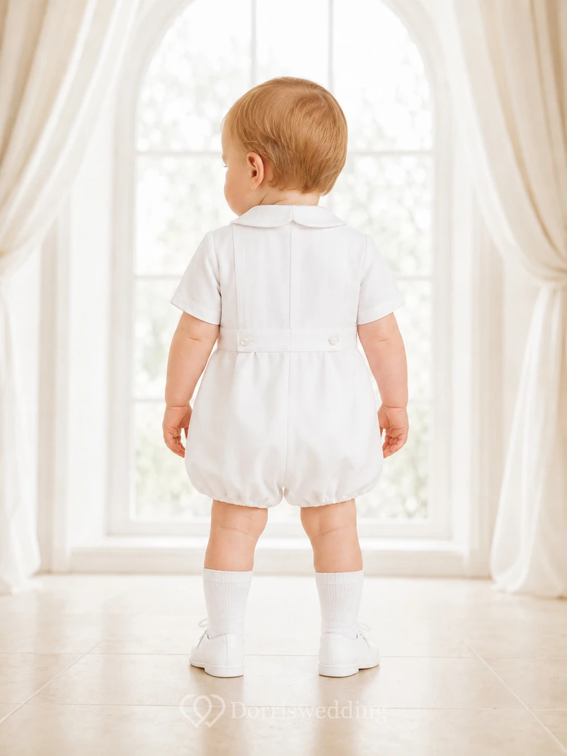 White Button Front Peter Collar Short Sleeve Christening Bubble for Baby Boy view 2