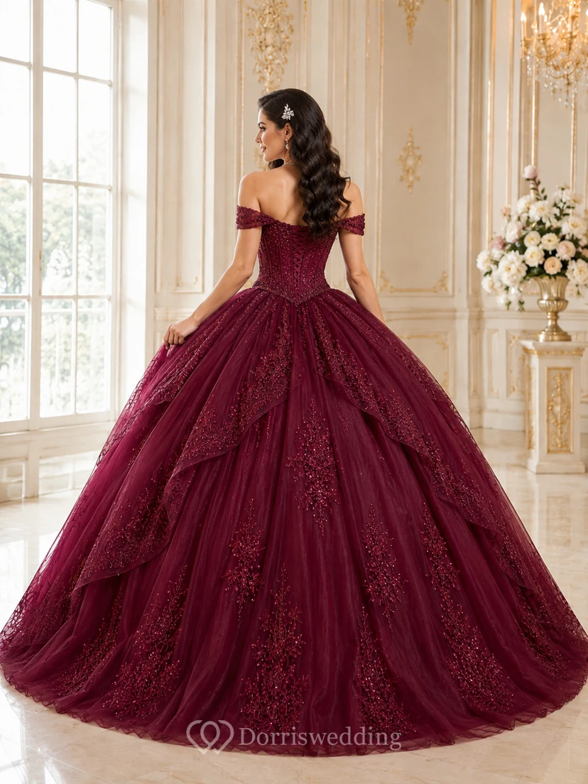 Burgundy Luxury Off Shoulder Layered Lace Glitter Tulle Princess Quinceanera Ball Gown view 2