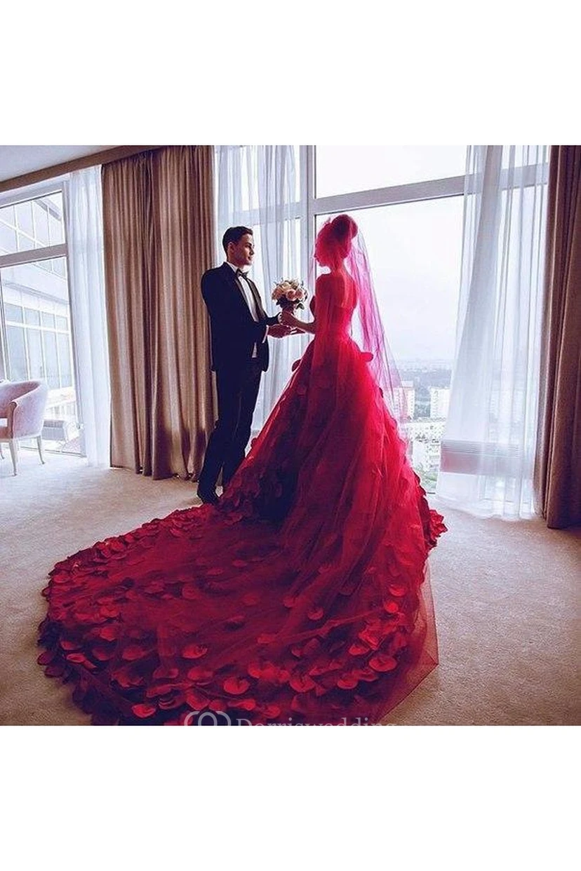 Newest Red Tulle Princess Wedding Dress Flowers Court Train view 5