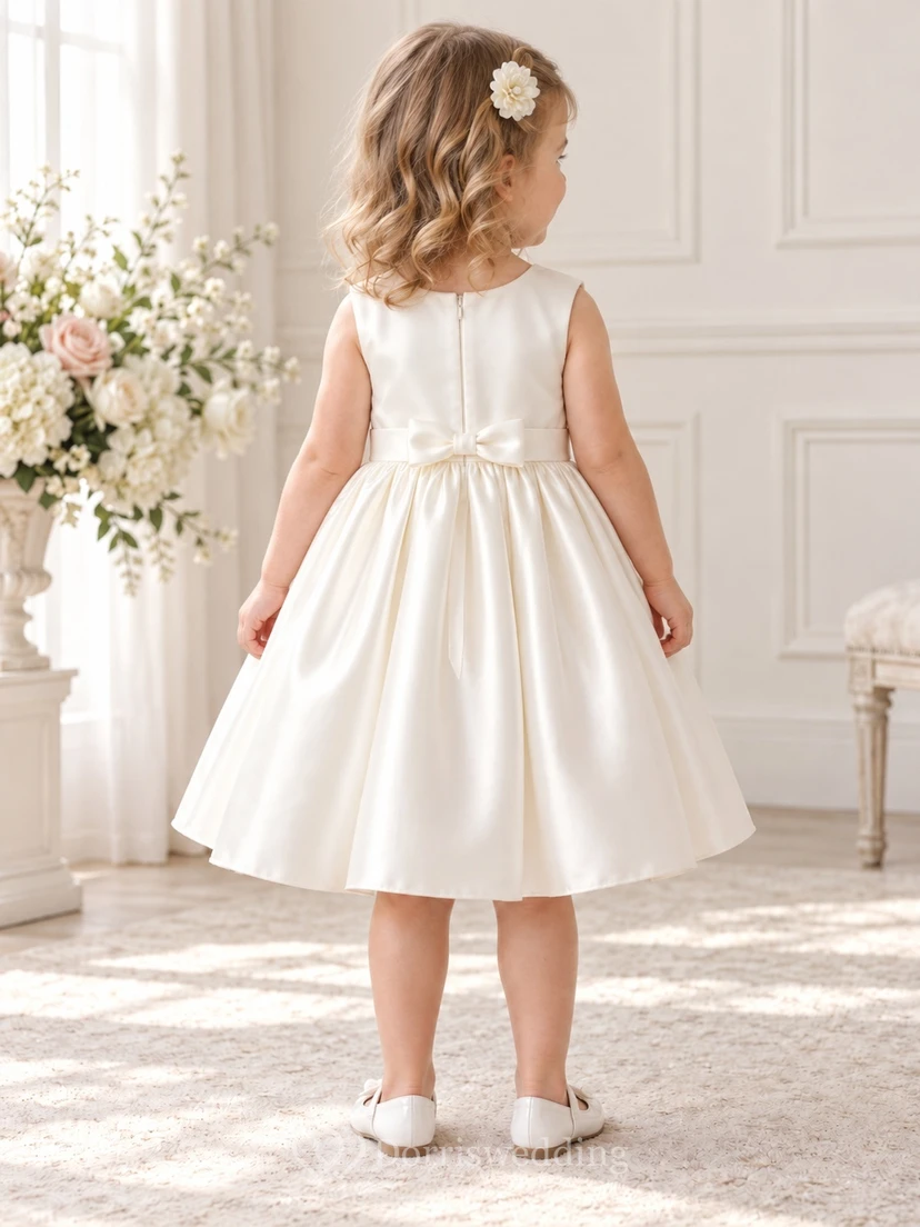 Einfaches, knielanges, elfenbeinfarbenes, ärmelloses A-Linien-Sommerkleid aus Satin mit Schleife in der Taille für Blumenmädchen view 2