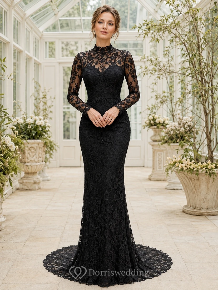 Black Lace High Neck Long Sleeve Mermaid Sweep Train Evening Gown