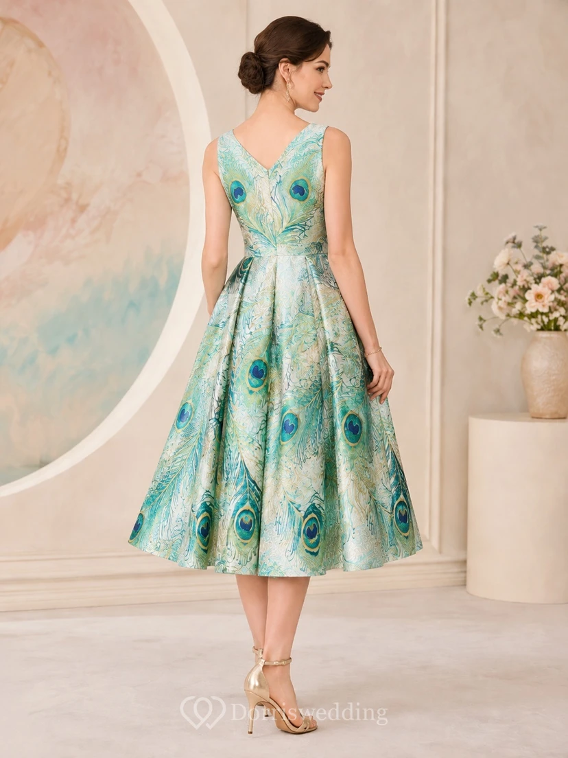 Peacock Cocktail Dress A-Line Printed V-Neck Sleeveless Tea-Length Vintage Party Style view 2