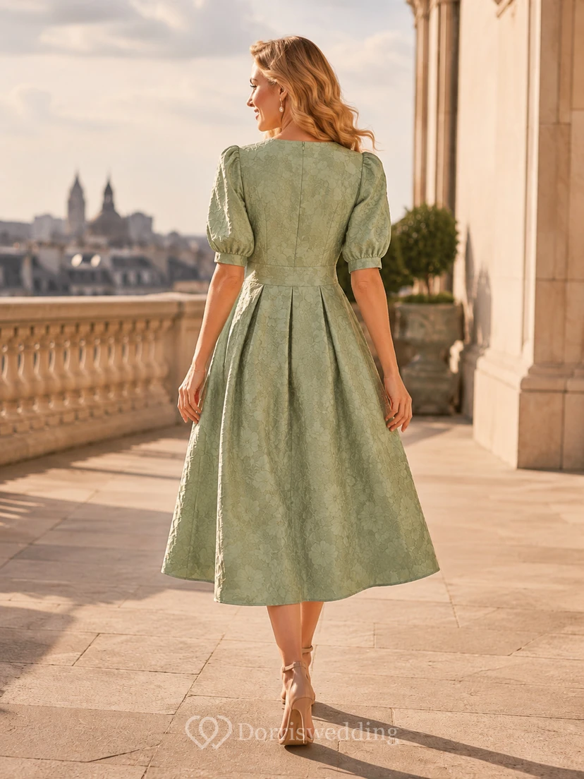 Sage V-neck Jacquard Flutter Sleeve Midi Dress view 2