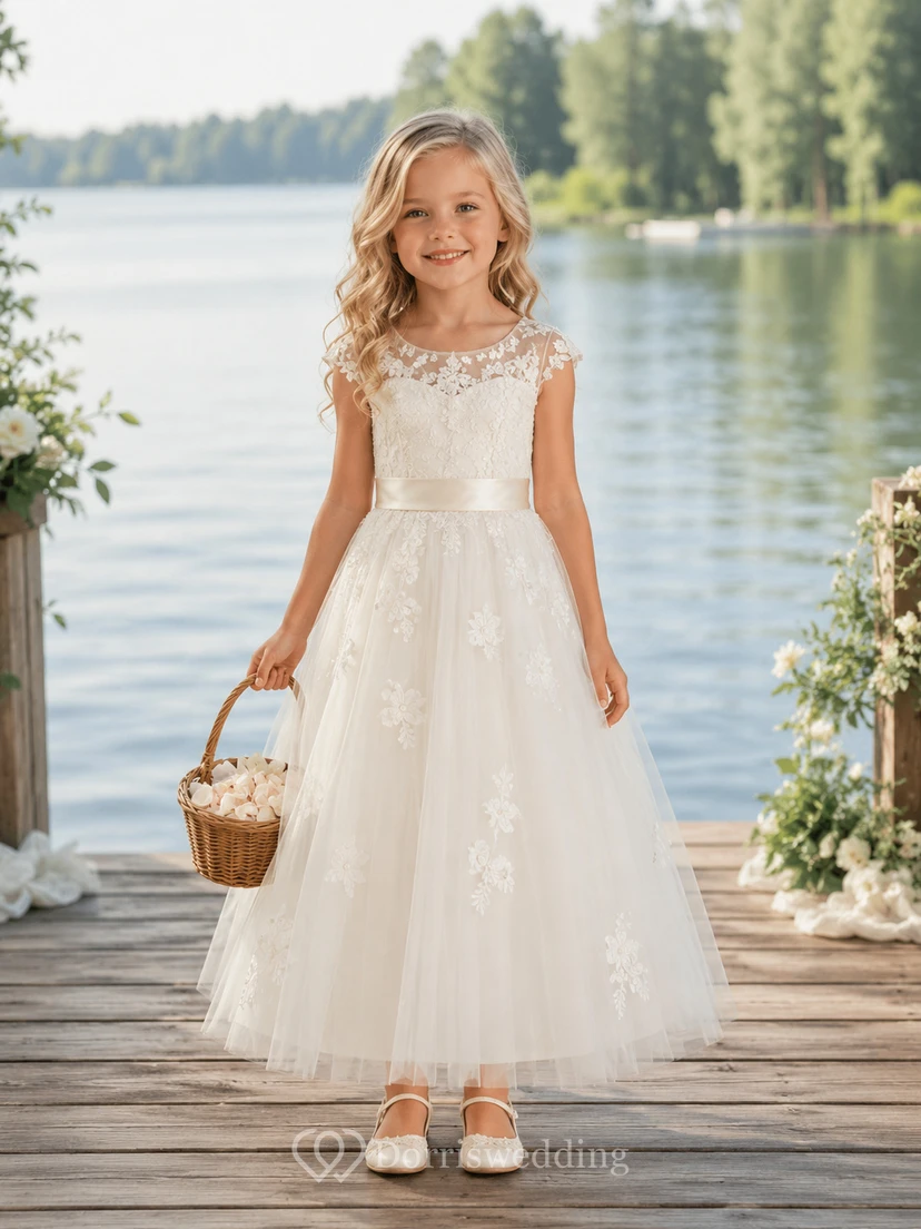 A-Line Flowergirl Lace Tulle Floor-Length Sleeveless Floral Applique Lakeside Wedding Dress