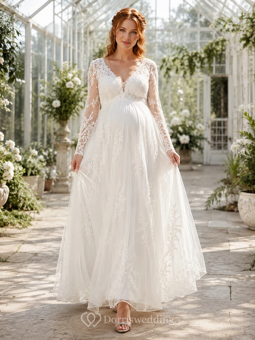 Bohemian Maternity Lace Wedding A Line V Neck Long Sleeves Sweep Train