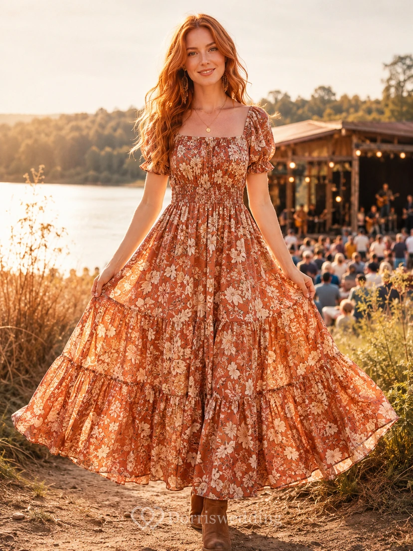Rust Floral Puff Sleeve Tiered Boho Concert Dress