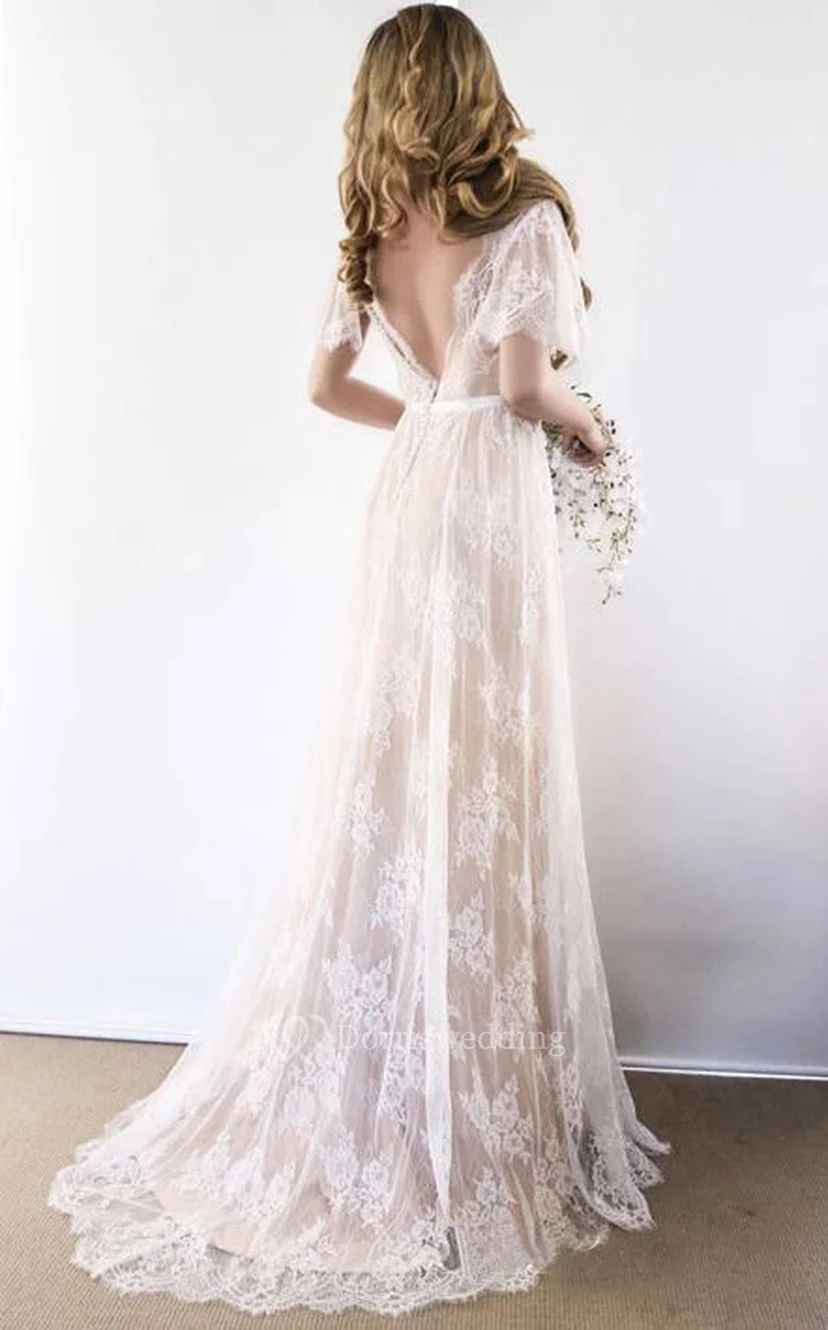 Bohemian Empire Rustic Wedding Dress | Lace Bridal Gown with Sleeves view 2