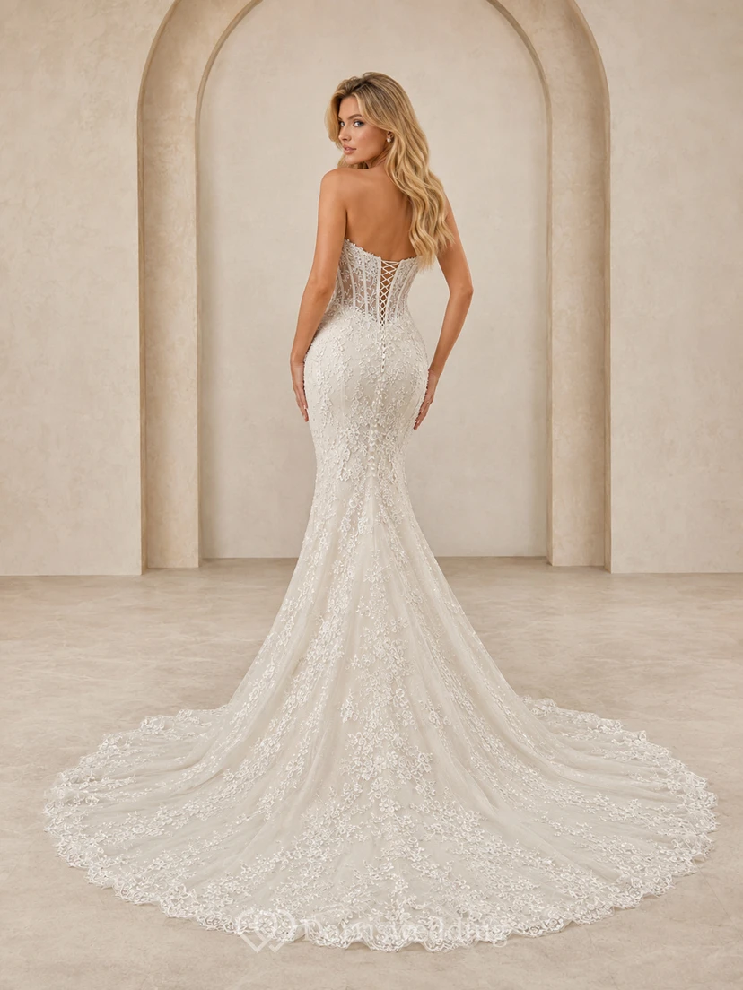 Trägerloses Brautkleid im Meerjungfrauenstil mit herzförmigem Herzausschnitt, Korsett, Spitze und luxuriöser Kapellenschleppe, mit Muschelsaum view 2