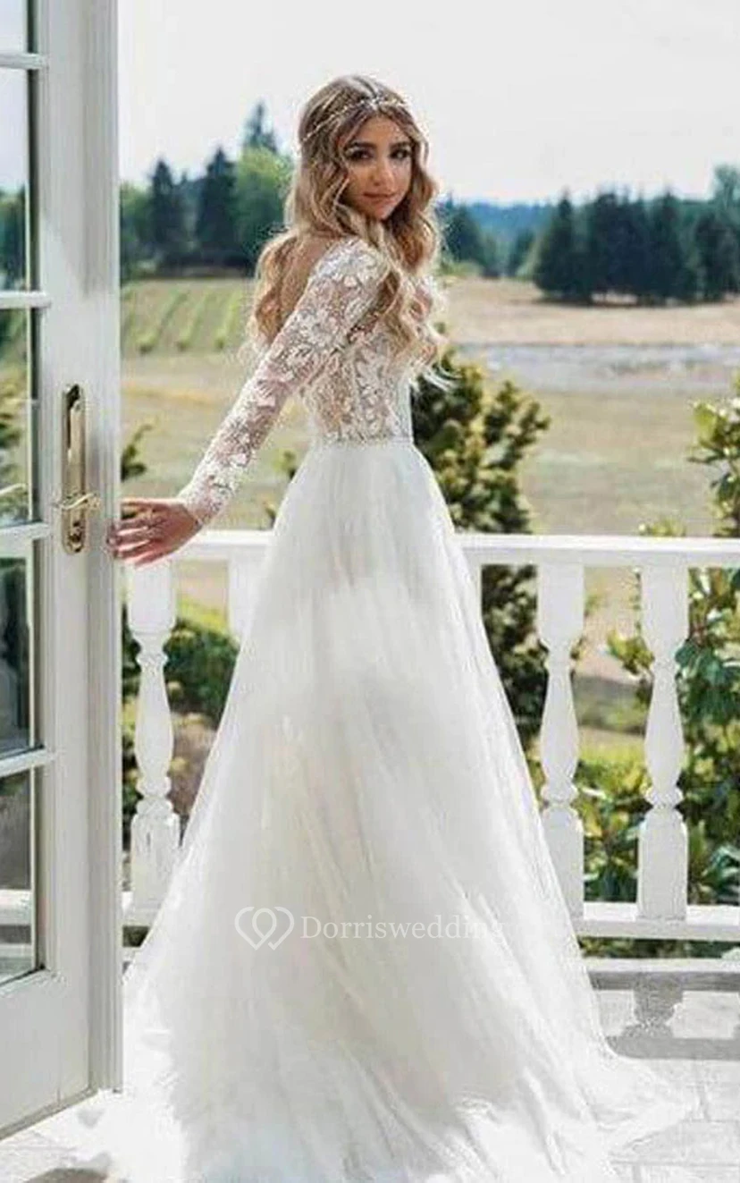 Vestido de novia de gasa con mangas largas y escote en la espalda. view 5
