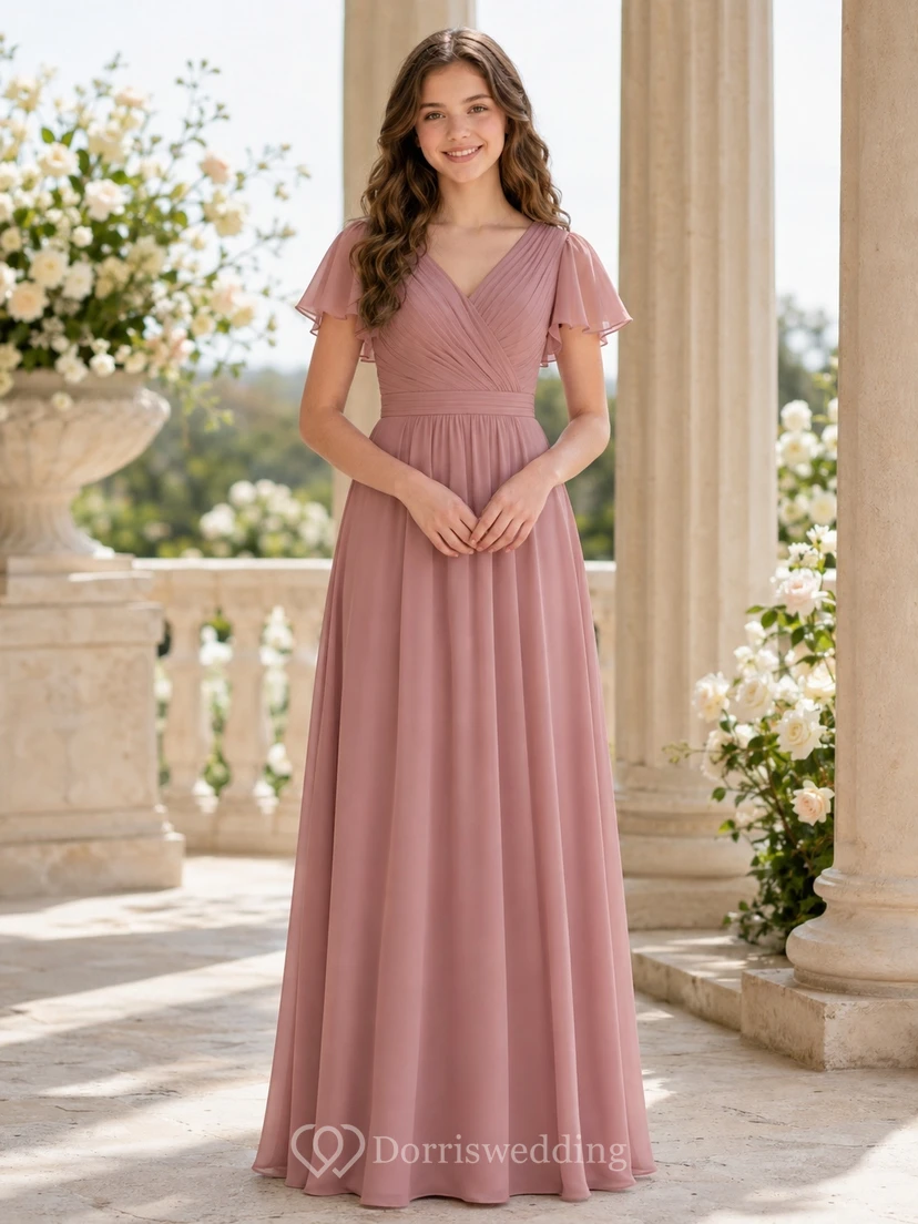 Vintage-Brautjungfernkleid in Mauve, A-Linie, V-Ausschnitt, kurze Blütenblattärmel, elegant und romantisch