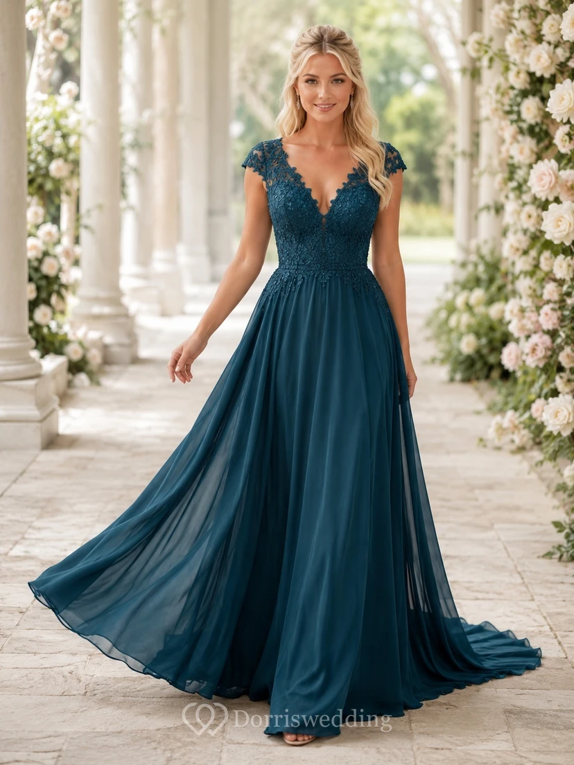 Dunkelgrünes, bodenlanges Brautkleid aus Chiffon mit kurzen Ärmeln, V-Ausschnitt und A-Linien-Schnitt aus Spitze