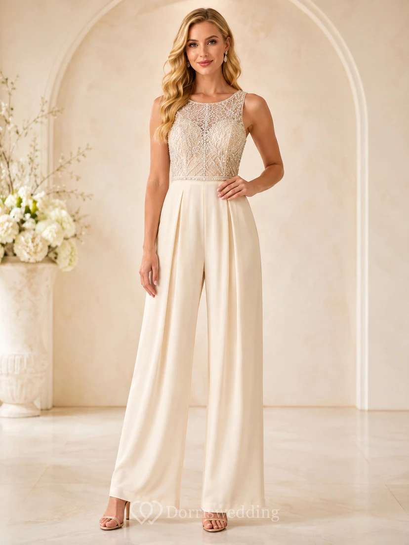 Combinaison élégante en satin à col montant et dentelle illusion, jambes larges, idéale pour un mariage civil.
