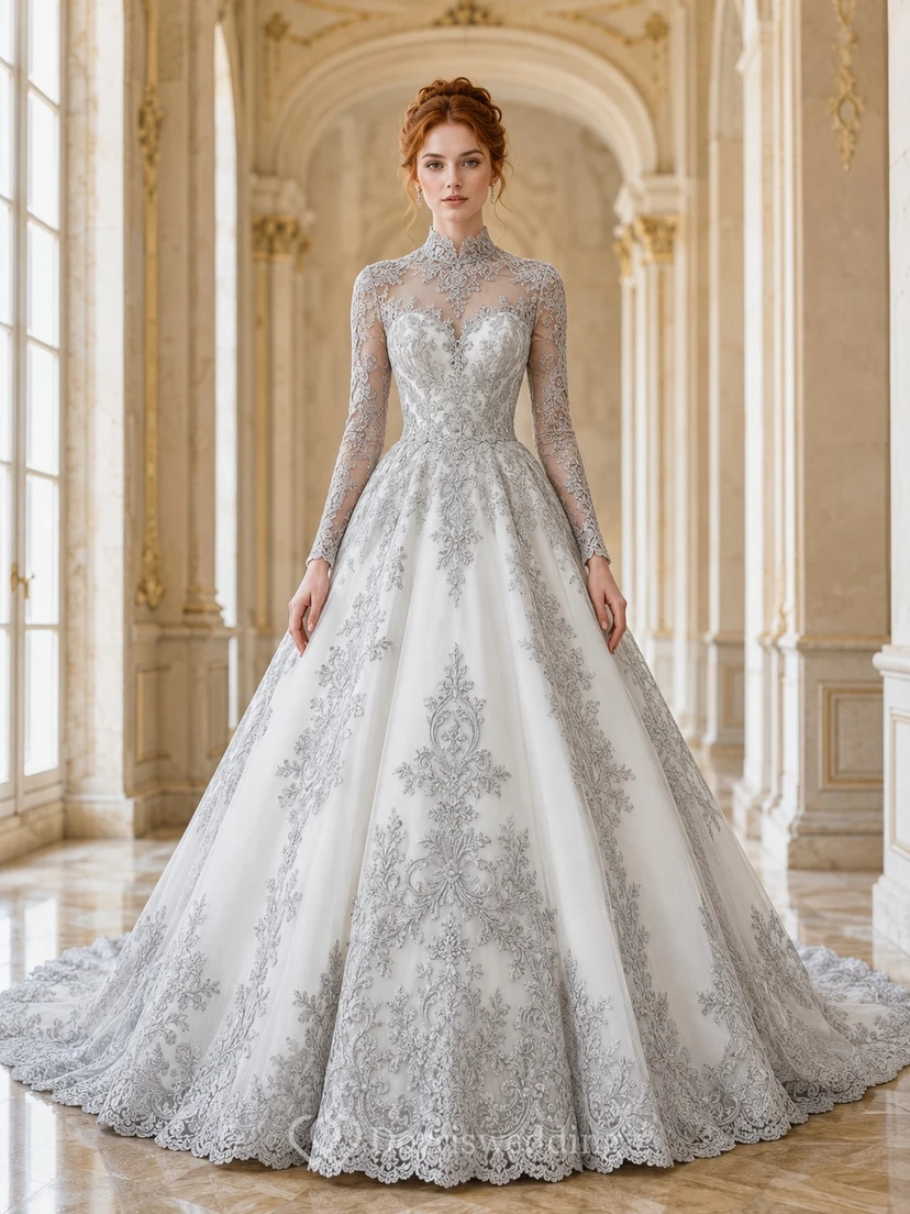 Graues Ballkleid aus Spitze, Brautkleid mit hohem Kragen, langen Ärmeln, bodenlanger Kathedralenschleppe, schlicht