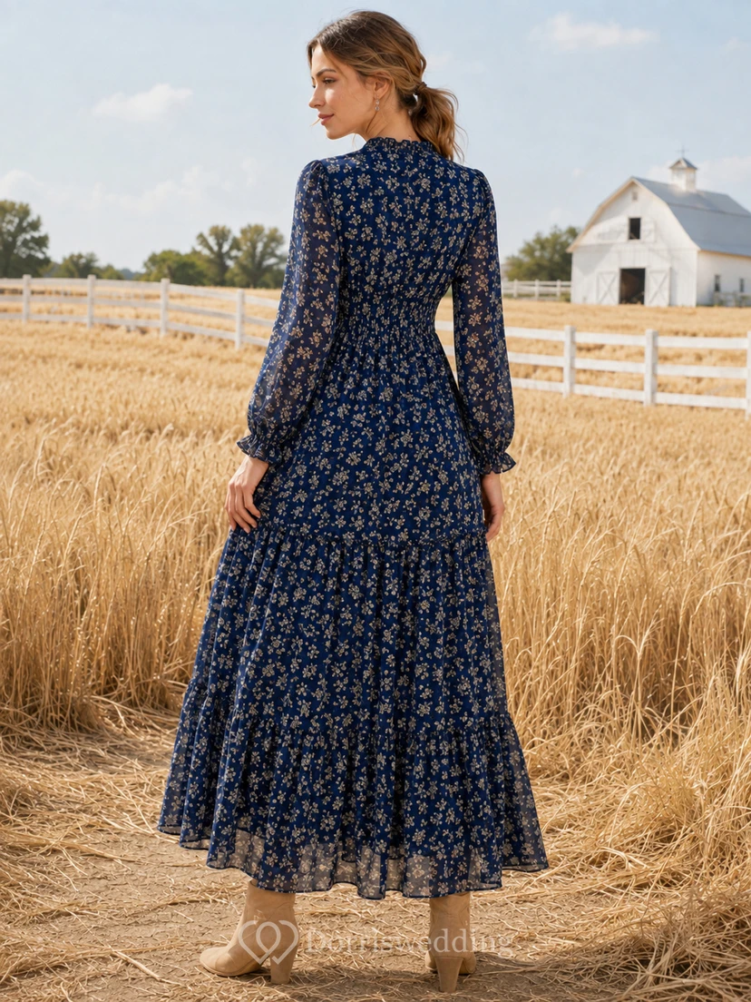 Modest Dark-Navy Floral V-Neck Poet-Sleeve Tiered Champetre Country Evening Dress view 2