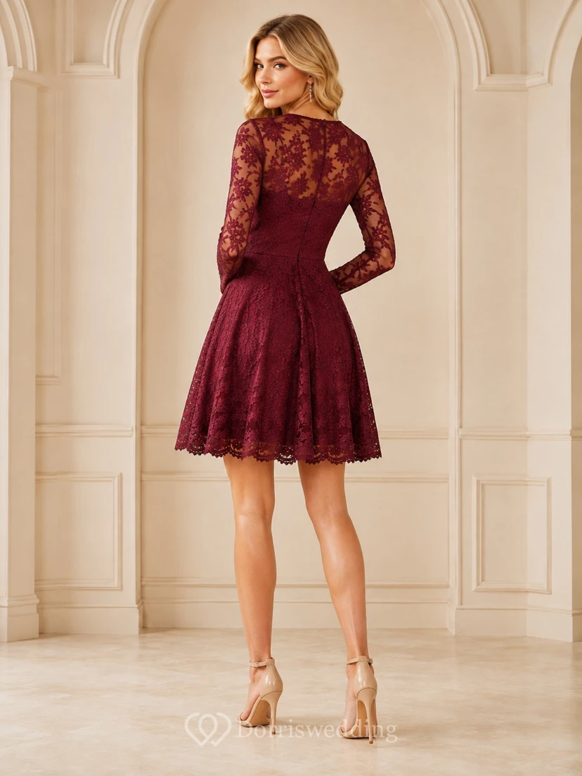 Weinrotes, hochgeschlossenes A-Linien-Cocktailkleid mit langen Ärmeln und Spitze, kurzes Kleid für den Homecoming-Ball view 2