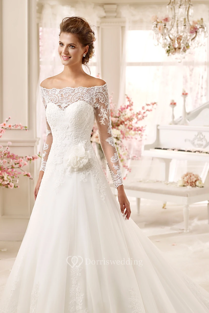 Off-shoulder A-line Dress with Long Sleeves and Flowers view 3