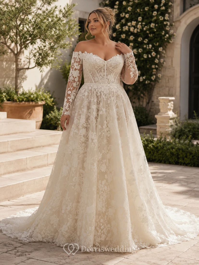 Vestido de novia de encaje color champán con escote Bardot, corte en A y mangas largas. view 4