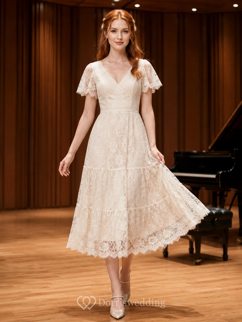 Vestido midi de encaje color marfil con escote en V y mangas con volantes, ideal para recitales.