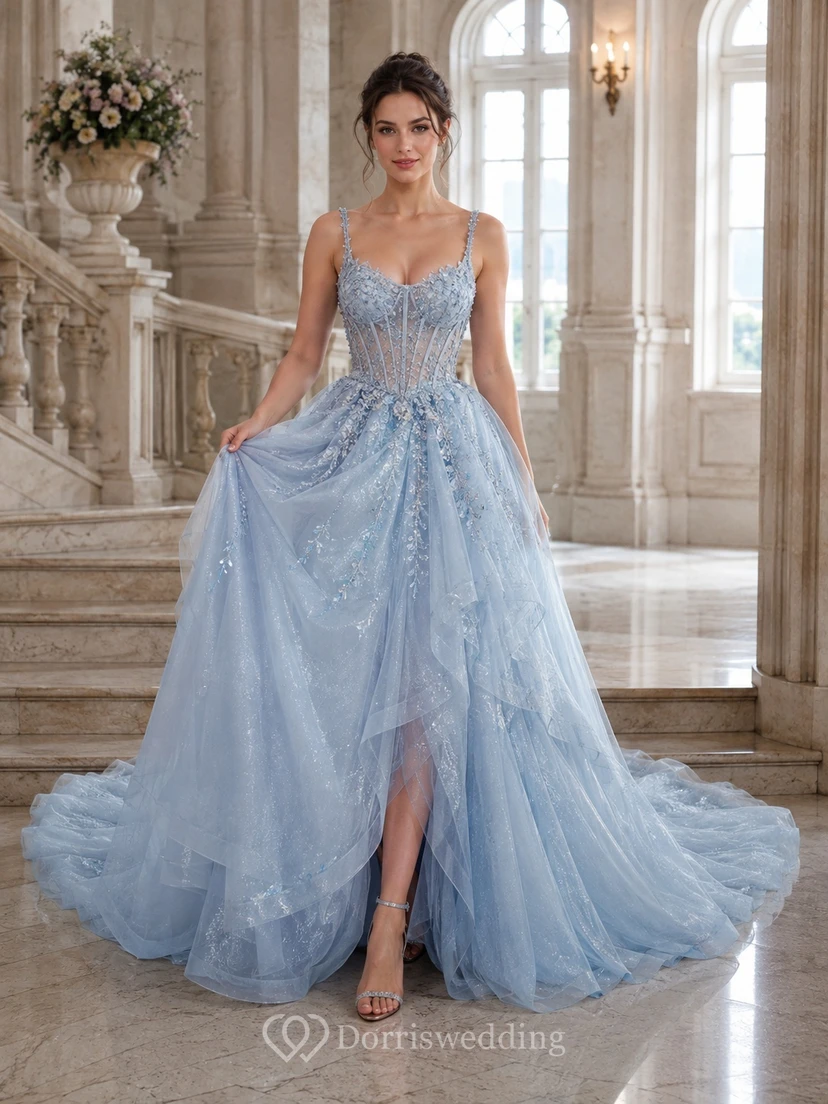Sky Blue Spaghetti Beaded Corset Tulle Ball Gown Front Split Sweep Train Prom Dress