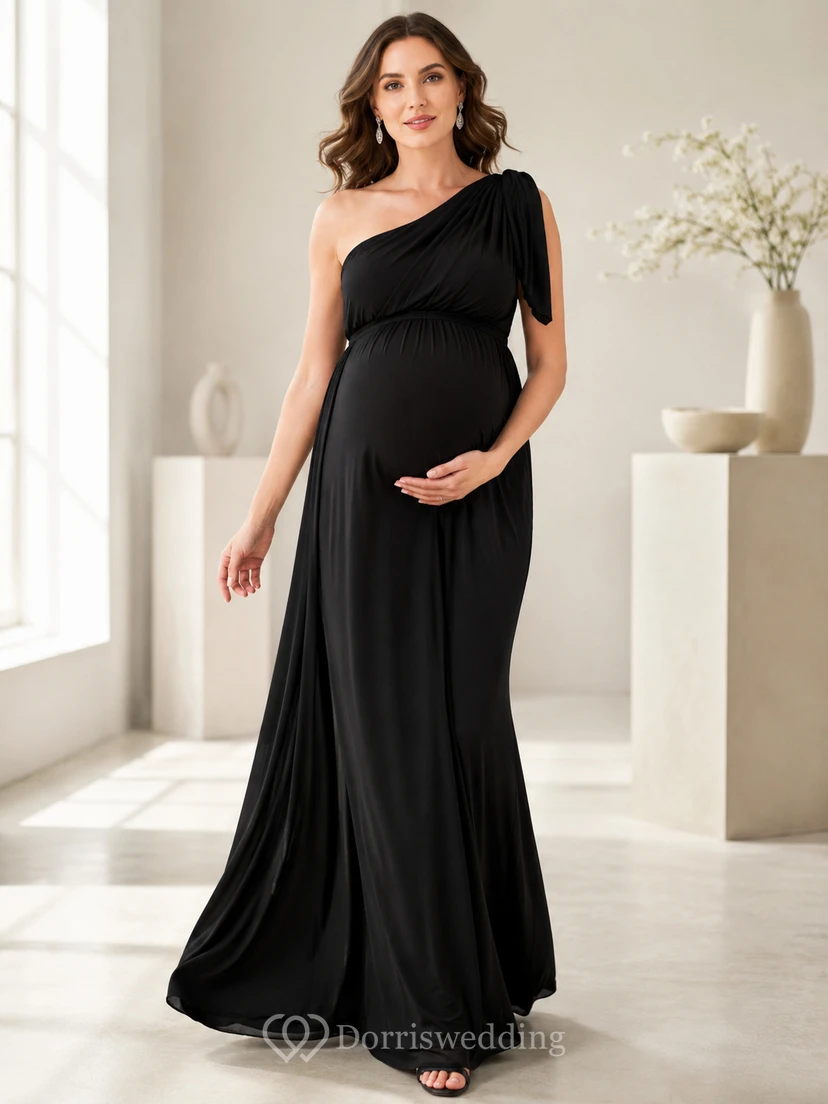 Umstandskleid in Schwarz, A-Linie, bodenlang, ärmellos, mit One-Shoulder-Ausschnitt, ärmellos, modern, Modell Midnight Maternity