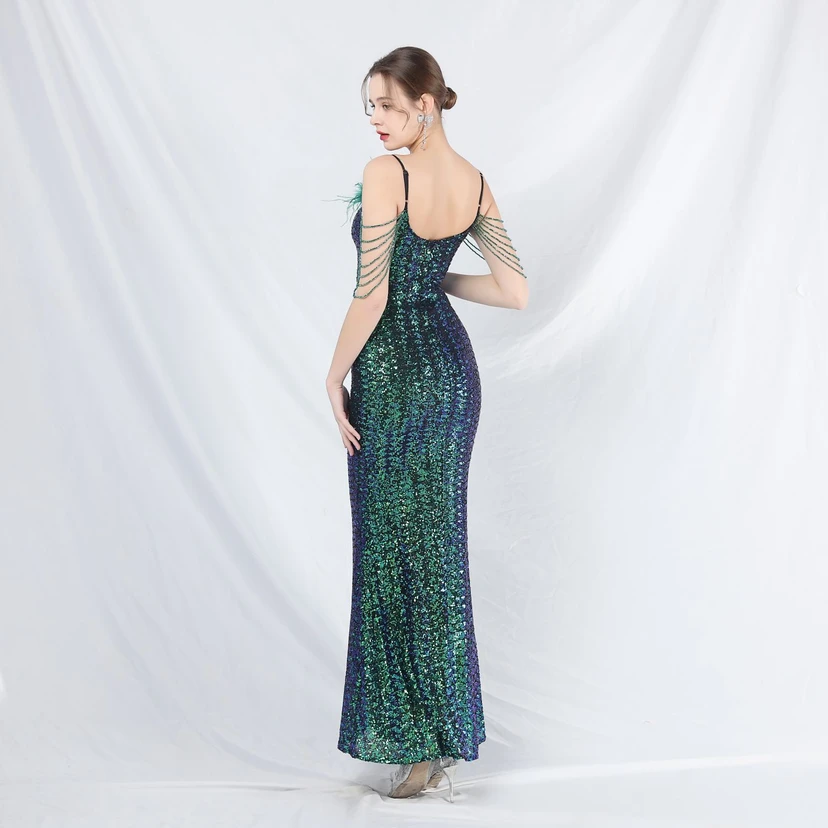 Craft Beaded Ostrich Feather Fantasy Sequined Long Evening Dress view 6