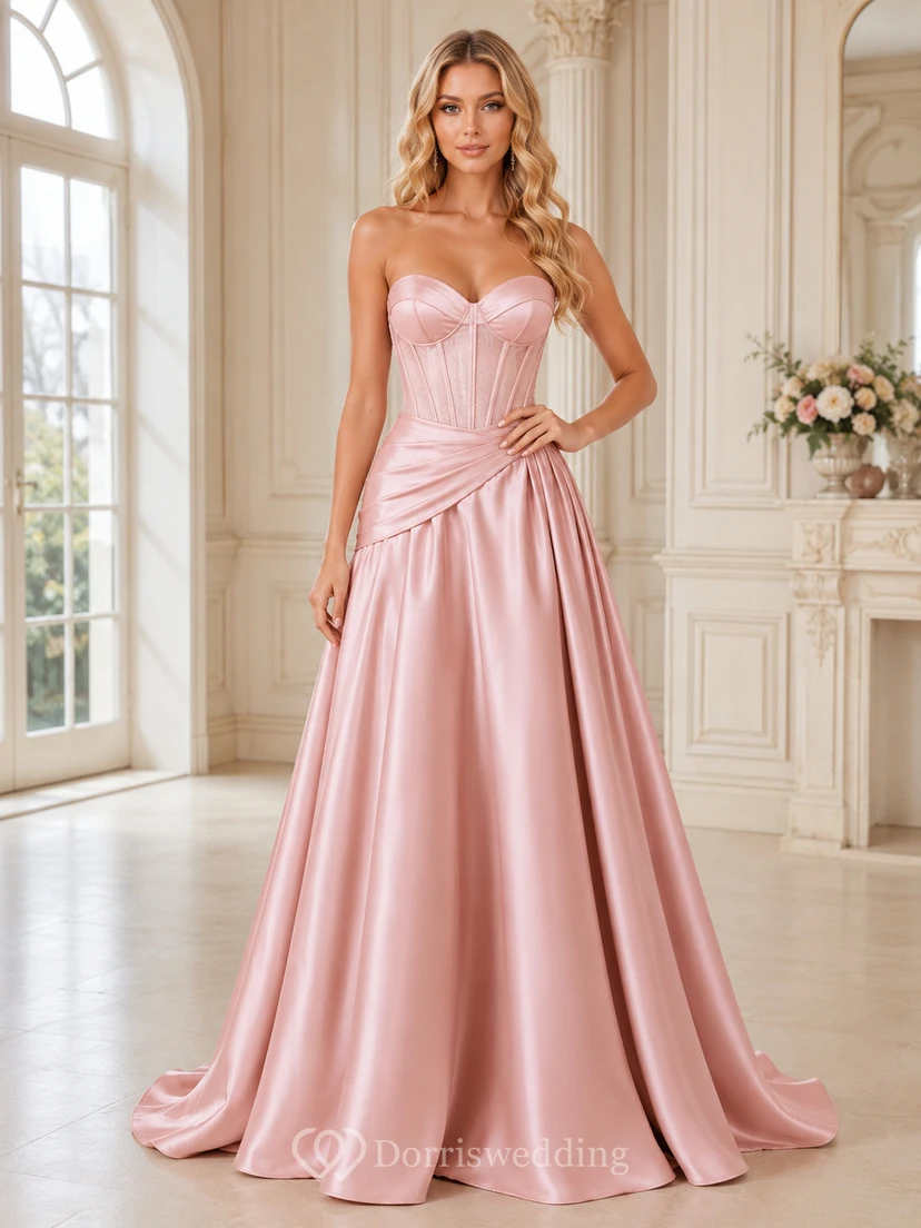 Perlmuttrosa trägerloses, herzförmiges, gerafftes Korsett-Abendkleid aus Satin in A-Linie, bodenlang
