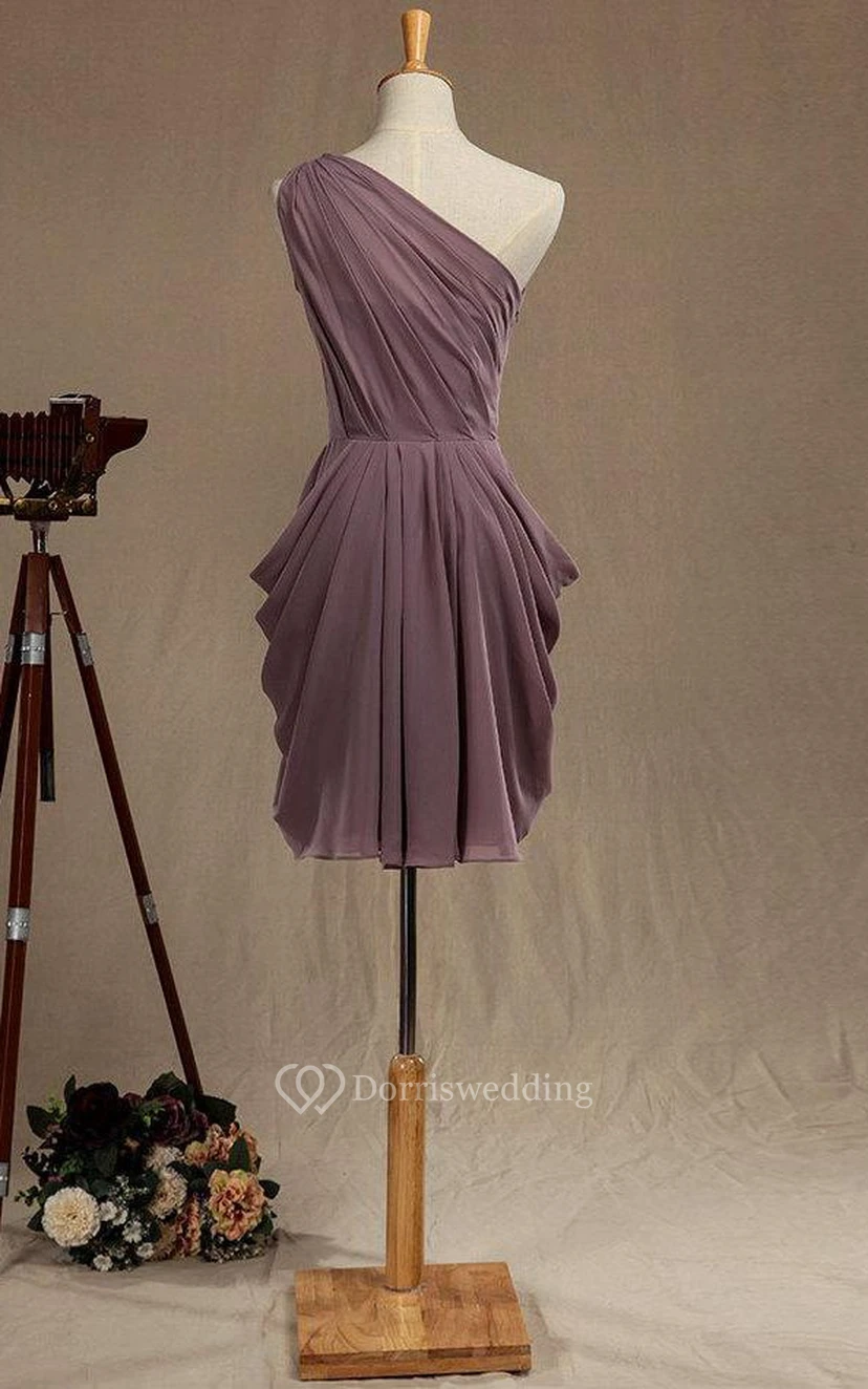 One Shoulder Dropped Knee Length Chiffon Dress With Pleats view 3