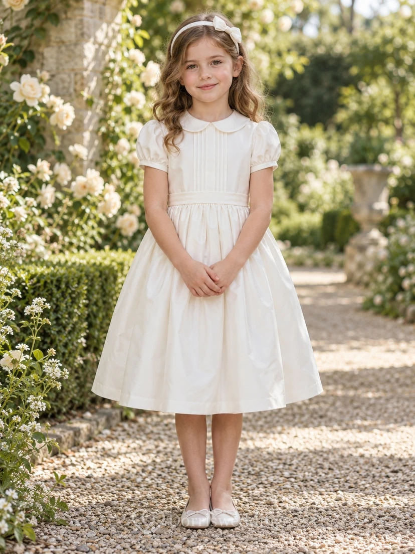 Simple Tea-length White Peter-Pan-collar Cuffed Puff-sleeve Pintucked-bodice Banded Gathered Zipper-back Flower Girl Dress