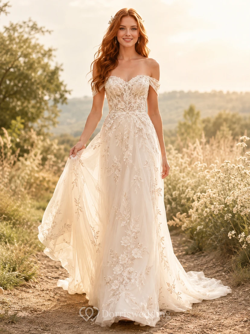 Vestido de novia de encaje campestre, corte A, hombros descubiertos, largo hasta el suelo, apliques, espalda baja en V.