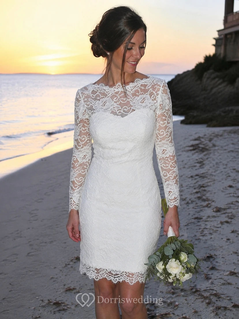 Robe de mariée courte en dentelle blanche | Robe de mariée décontractée longueur genou avec manches view 9