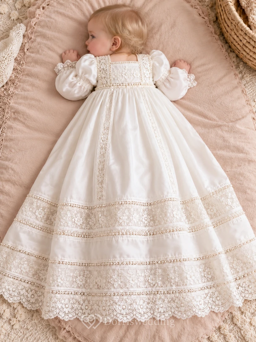 Long Sleeve Square Neck Ivory Satin Lace Panel Baptism Gown view 2