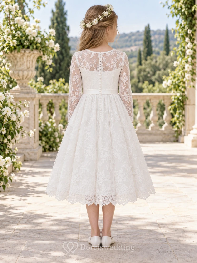 Tea-length Long Sleeve White Floral Jewel Illusion A-Line Lace Scalloped Cuff Hem Sash Flowergirl Dress view 2