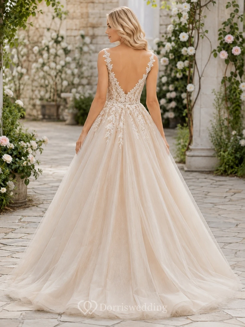 Distinctive Champagne Tulle V-Neck Sleeveless Ball Gown Floor Length Evening Dress view 2