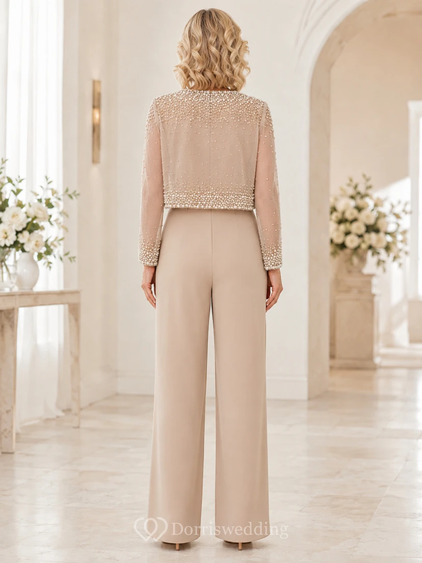 Conjunto de pantalón y chaqueta color champán con bolero de encaje, escote joya y pernera ancha. view 2