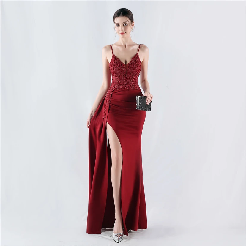 Heavy Hot Diamonds And Flower-Set Waisted Fishbone Satin Evening Dress Annual Meeting Wedding view 32