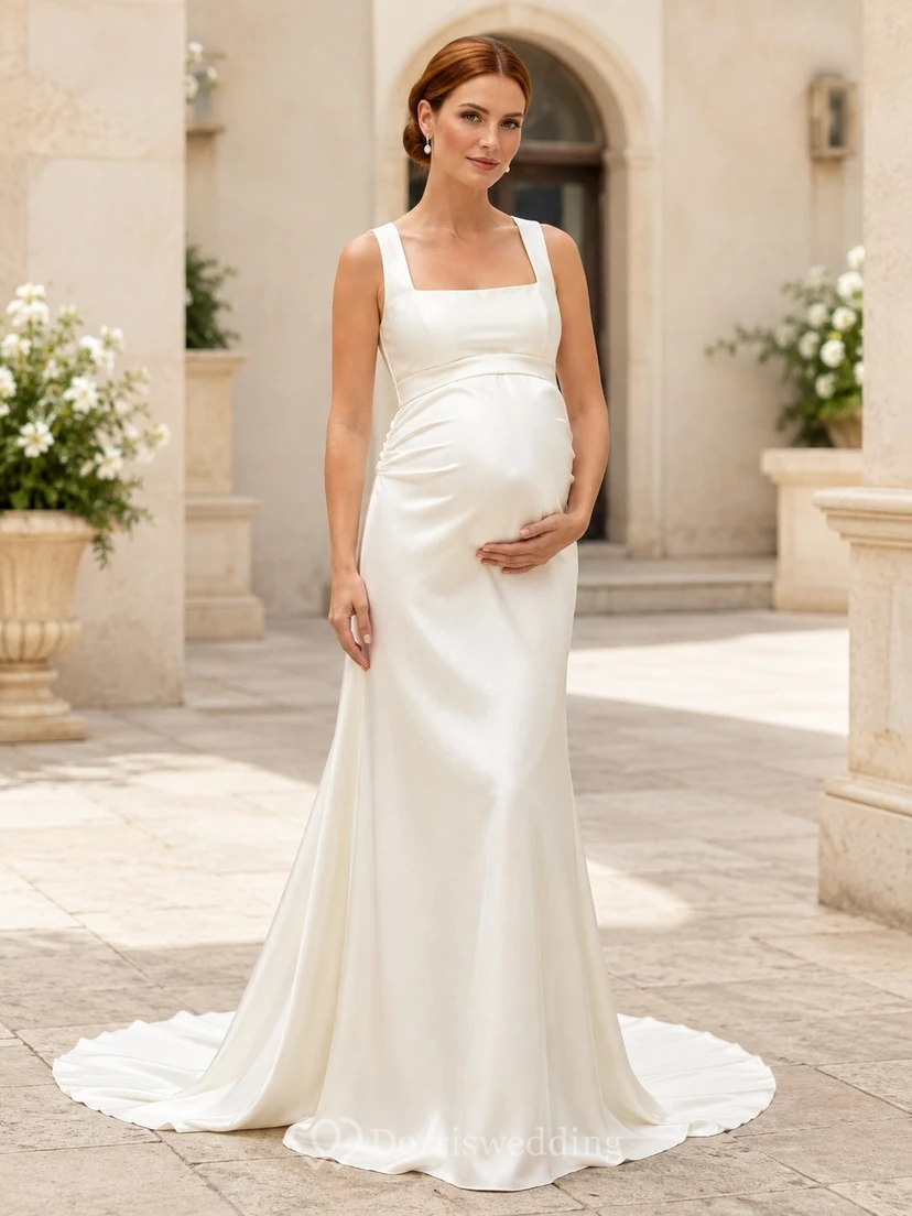 Brautkleid, quadratisch, ärmellos, aus Satin, bodenlang, drapiert, Umstandskleid